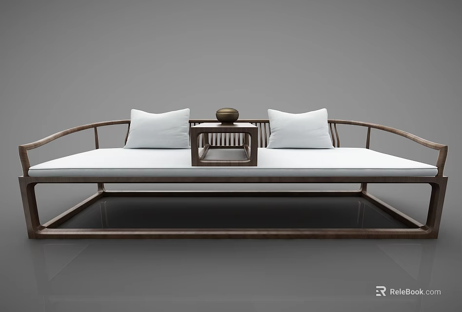 Modern Chinese Style Arhat Bed With Wooden Frame White Cushions And Central Tea Table 3d model 