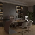 Premium Modern Executive Wooden Office Desk With Comfortable Chairs And Illuminated Built In Bookcase