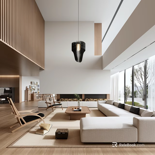 Modern Duplex Living Room With High Ceiling Wooden Accents And Large Windows 3d model 