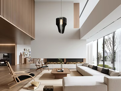 Modern Duplex Living Room With High Ceiling Wooden Accents And Large Windows 3d model