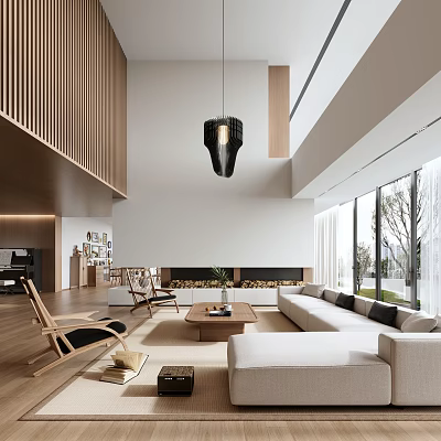 Modern Duplex Living Room With High Ceiling Wooden Accents And Large Windows 3d model