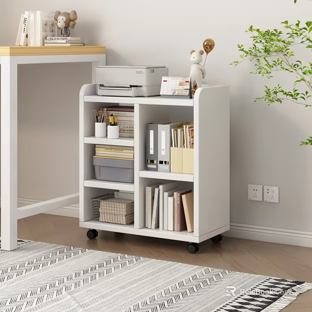 White Rolling Bookcase Interior With Printer Folders Books Storage Boxes And Minimalist Design 3d model