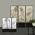 Black Frame Room Divider Screen Featuring Beige Background And Black White Plant Animal Patterns 3d model