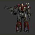 Futuristic Pilot In Red And Gray Mech Suit With Large Gun And Metallic Armor