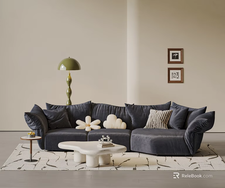 Dark Blue Velvet Sofa And White Coffee Table With Cushions Green Lamp And Framed Art 3d model 