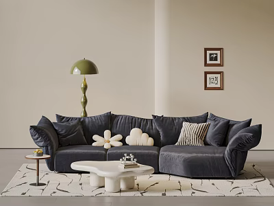 Dark Blue Velvet Sofa And White Coffee Table With Cushions Green Lamp And Framed Art 3d model