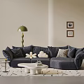 Dark Blue Velvet Sofa And White Coffee Table With Cushions Green Lamp And Framed Art