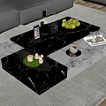Modern Marble Coffee Table With Fruits Wine Bottles Magazines And Gray Sofa
