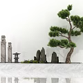 Mini Garden Ornament With Pine Tree Stone Pillars Lantern And Rock Formations On White Base 3d model