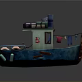Small Blue Cargo Boat Featuring Cabin Packages Chimney Lifebuoy And Oar