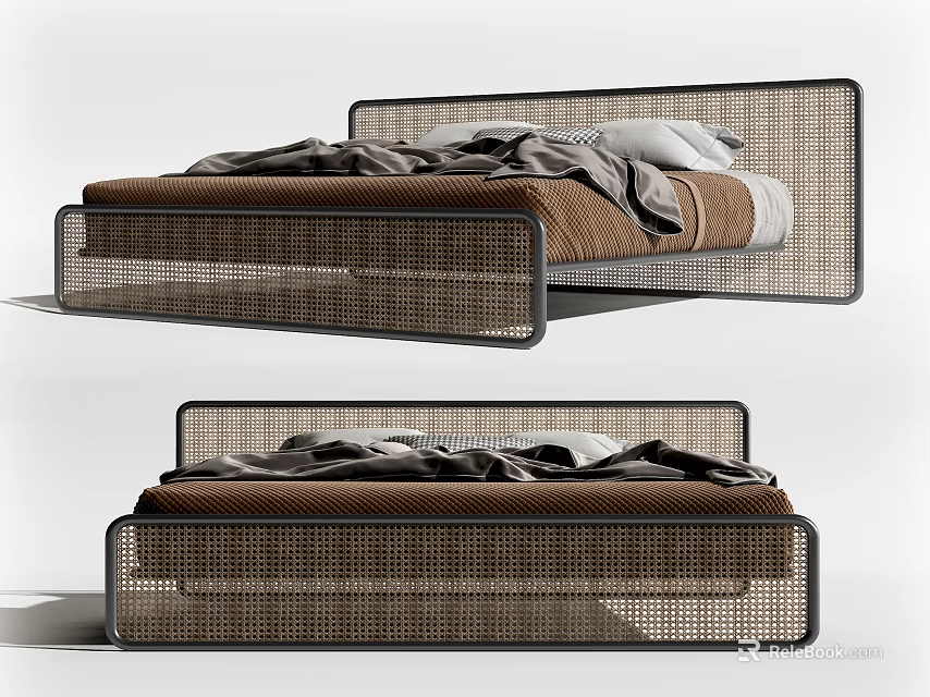 Modern Double Bed Featuring Woven Frame Brown Bedding And White Pillows 3d model