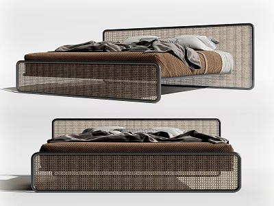 Modern Double Bed Featuring Woven Frame Brown Bedding And White Pillows 3d model