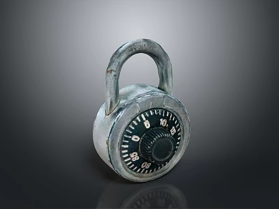 Vintage Metal Combination Padlock With Numbered Dial On Dark Reflective Background 3d model