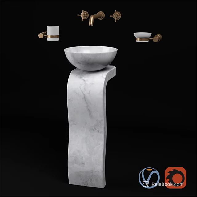 Marble Pedestal Washbasin With Elegant Faucet And Wall Mounted Accessories 3d model 