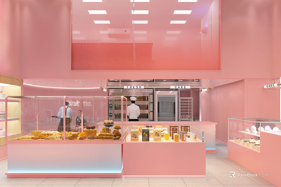 Pink Dessert Shop Interior With Glass Display Cases Fresh Pastries And Staff Working Near Ovens 3d model 