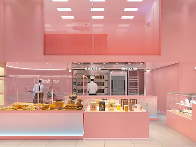 Pink Dessert Shop Interior With Glass Display Cases Fresh Pastries And Staff Working Near Ovens 3d model