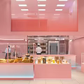 Pink Dessert Shop Interior With Glass Display Cases Fresh Pastries And Staff Working Near Ovens