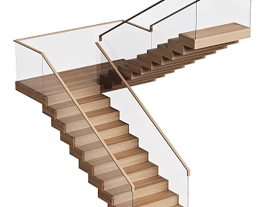 Modern Wooden Stairs With Glass Railing And Metal Frame Interior Design 3d model