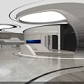Modern Futuristic Exhibition Space With Curved White Structures Smooth Floors And Digital Displays