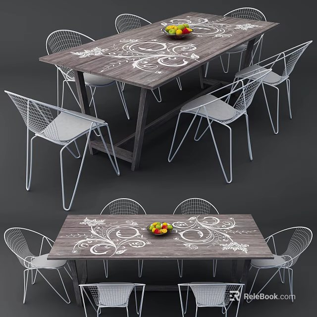 Modern Dining Table Set With Wooden Tabletop White Patterns And Wireframe Chairs 3d model 