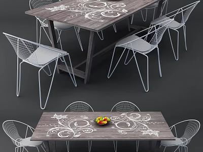 Modern Dining Table Set With Wooden Tabletop White Patterns And Wireframe Chairs 3d model