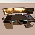 Professional Work Desk With Triple Monitors Speakers And Modern Workstation Design