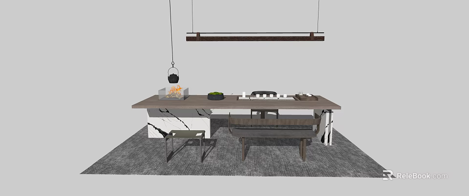 Modern Tea Table and Chairs Set with Bench Hanging Lights and Tabletop Decor 3d model 