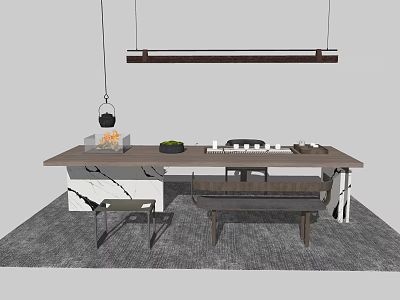 Modern Tea Table and Chairs Set with Bench Hanging Lights and Tabletop Decor 3d model