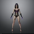 Muscular Woman In Purple Black Bodysuit With Headpiece Long Gloves High Heels And Gray Background