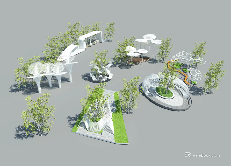 Modern White Pergola Design With Green Plants Trees And Circular Garden Paths 3d model 