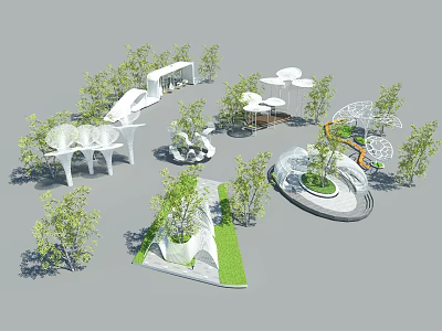 Modern White Pergola Design With Green Plants Trees And Circular Garden Paths 3d model