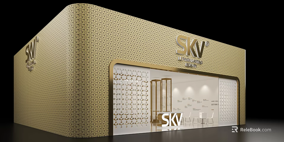 SKV Exhibition Booth With Golden Hexagonal Design Glass Facade And Innovation Beauty Interior 3d model 