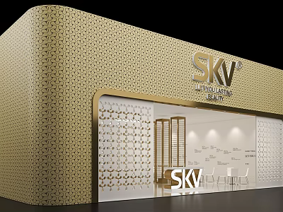 SKV Exhibition Booth With Golden Hexagonal Design Glass Facade And Innovation Beauty Interior 3d model
