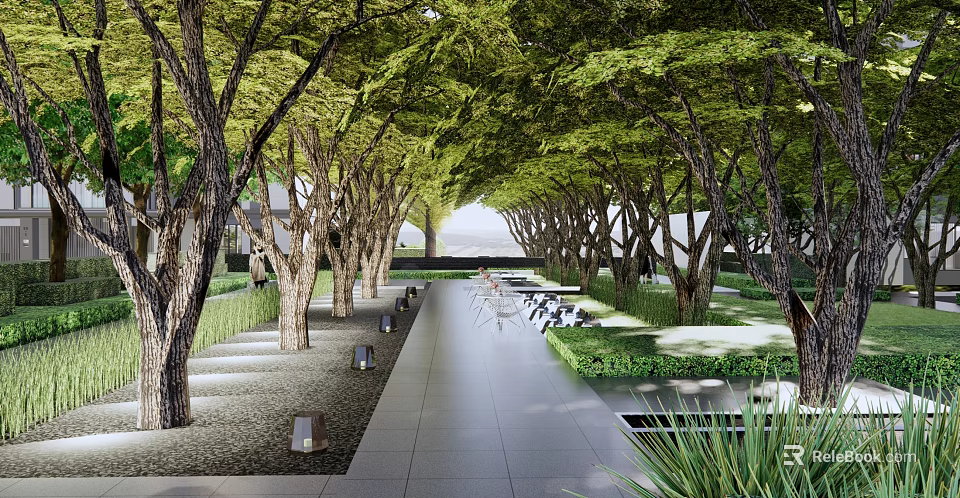 Residential Landscape With Tree Lined Walkway Under Green Canopy Lush Greenery And Seating Area 3d model 