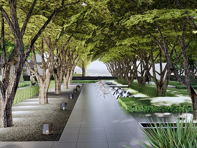 Residential Landscape With Tree Lined Walkway Under Green Canopy Lush Greenery And Seating Area 3d model
