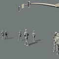 Group of People Walking on Urban Street with Traffic Lights and Street Lamp