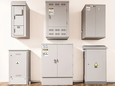 Various Types Of Gray Industrial Control Cabinets With Ventilation Grilles And Safety Labels 3d model