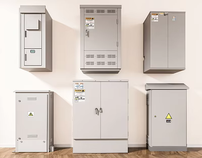 Various Types Of Gray Industrial Control Cabinets With Ventilation Grilles And Safety Labels 3d model