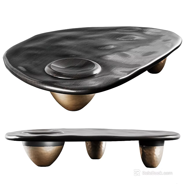 Modern Black Coffee Table With Irregular Glossy Surface And Gold Conical Legs 3d model 