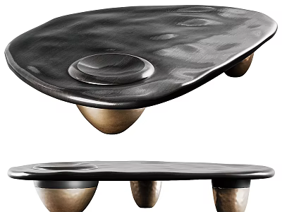 Modern Black Coffee Table With Irregular Glossy Surface And Gold Conical Legs 3d model