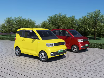 Yellow And Red Small Cars Parked On Brick Pavement With Green Trees Against Blue Sky 3d model