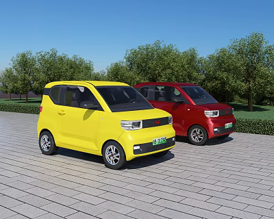 Yellow And Red Small Cars Parked On Brick Pavement With Green Trees Against Blue Sky 3d model