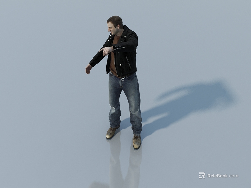 Man in Black Leather Jacket and Blue Jeans Extending Arm on Light Blue Reflective Floor with Shadow 3d model 