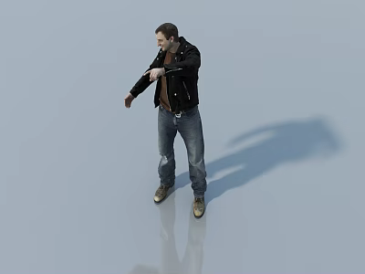Man in Black Leather Jacket and Blue Jeans Extending Arm on Light Blue Reflective Floor with Shadow 3d model