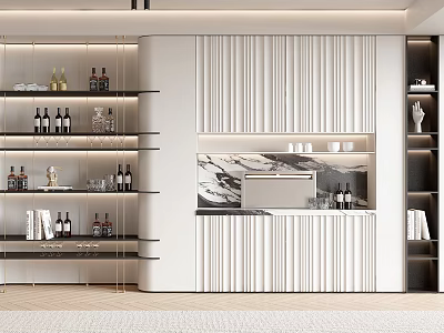 Elegant Modern Wine Cabinet Interior Design With Open Shelves Marble Counter and Glass Doors 3d model