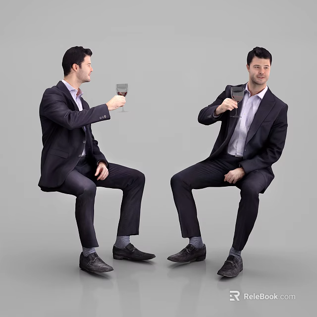 Men Sitting on Chairs in Suits Holding Wine Glass and Microphone 3d model 