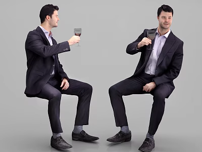 Men Sitting on Chairs in Suits Holding Wine Glass and Microphone 3d model