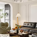 Modern Living Room Dining Area With Leather Sofa Wooden Floor Green Plant And Pendant Light