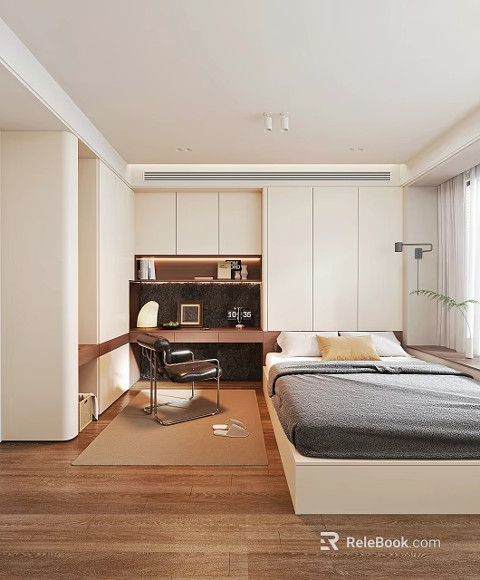 Modern Tatami Bedroom With Tatami Bed White Cabinets Wooden Desk And Green Plant 3d model 