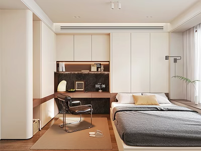 Modern Tatami Bedroom With Tatami Bed White Cabinets Wooden Desk And Green Plant 3d model